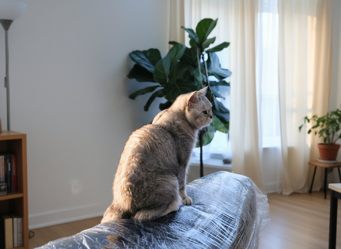 Cat sitting calmly on wrapped furniture during a move
